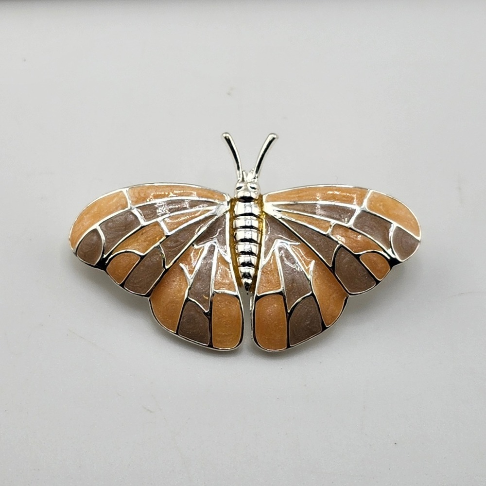 Butterfly Brooch‎ Pin Silver Tone Brown Beige Enamel Insect Jewelry